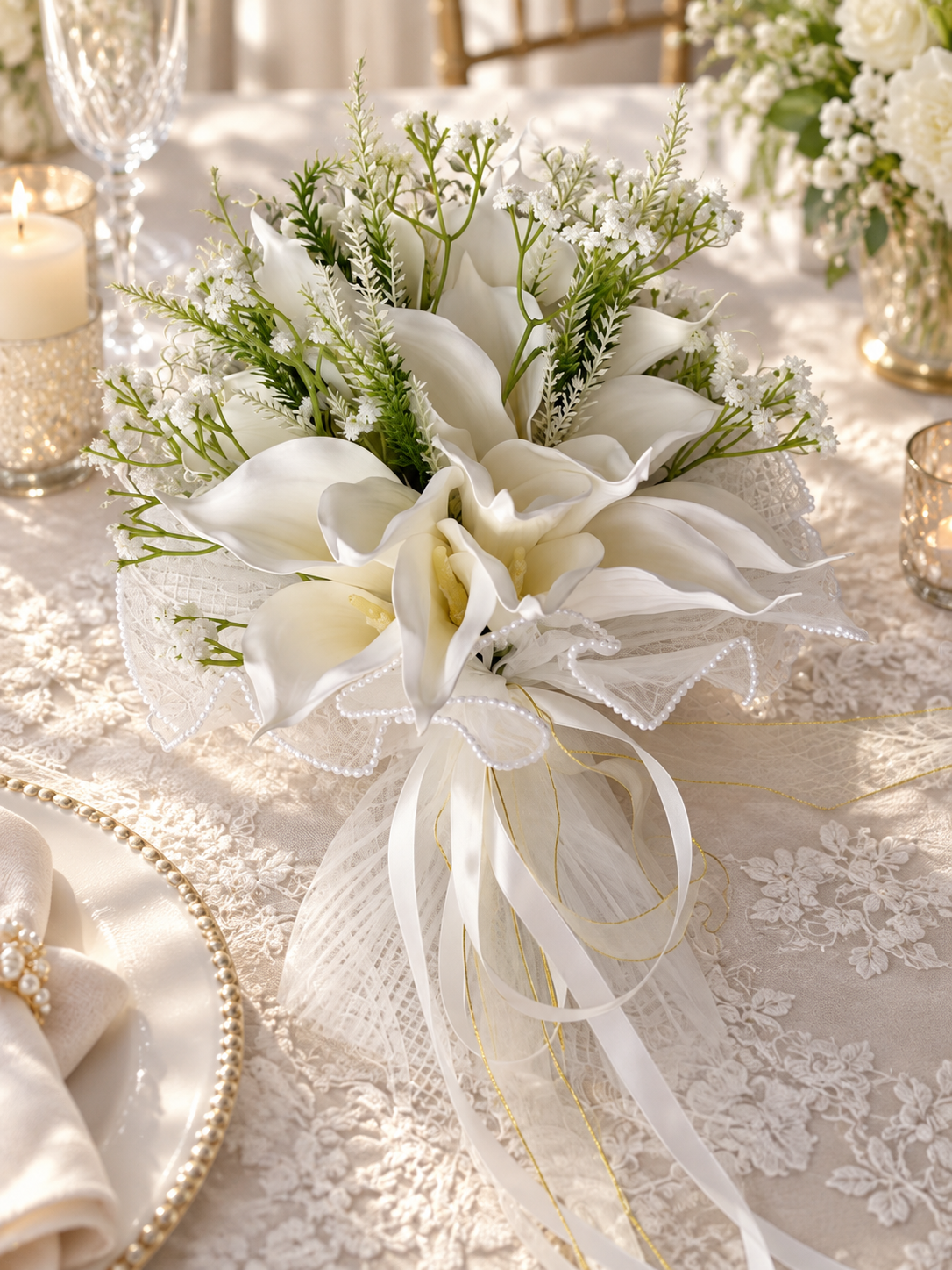 Ivory Pearl Lace Calla Bouquet thumbnail 5