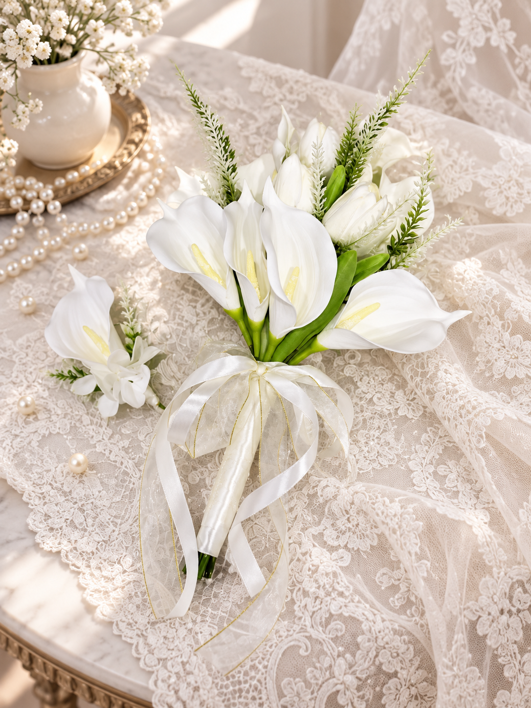 Ivory Pearl Lace Calla Bouquet thumbnail 5