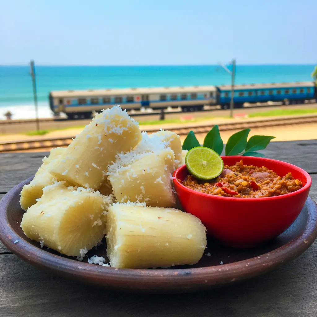image of a steaming plate of boiled manioc with a side of bright red lunu miris and grated coconut, by the sea.