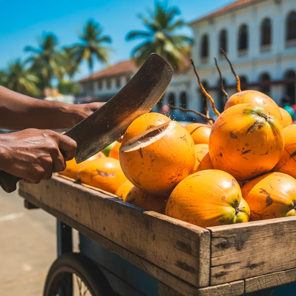 image of a vendor slicing open a bright orange King Coconut with a machete.