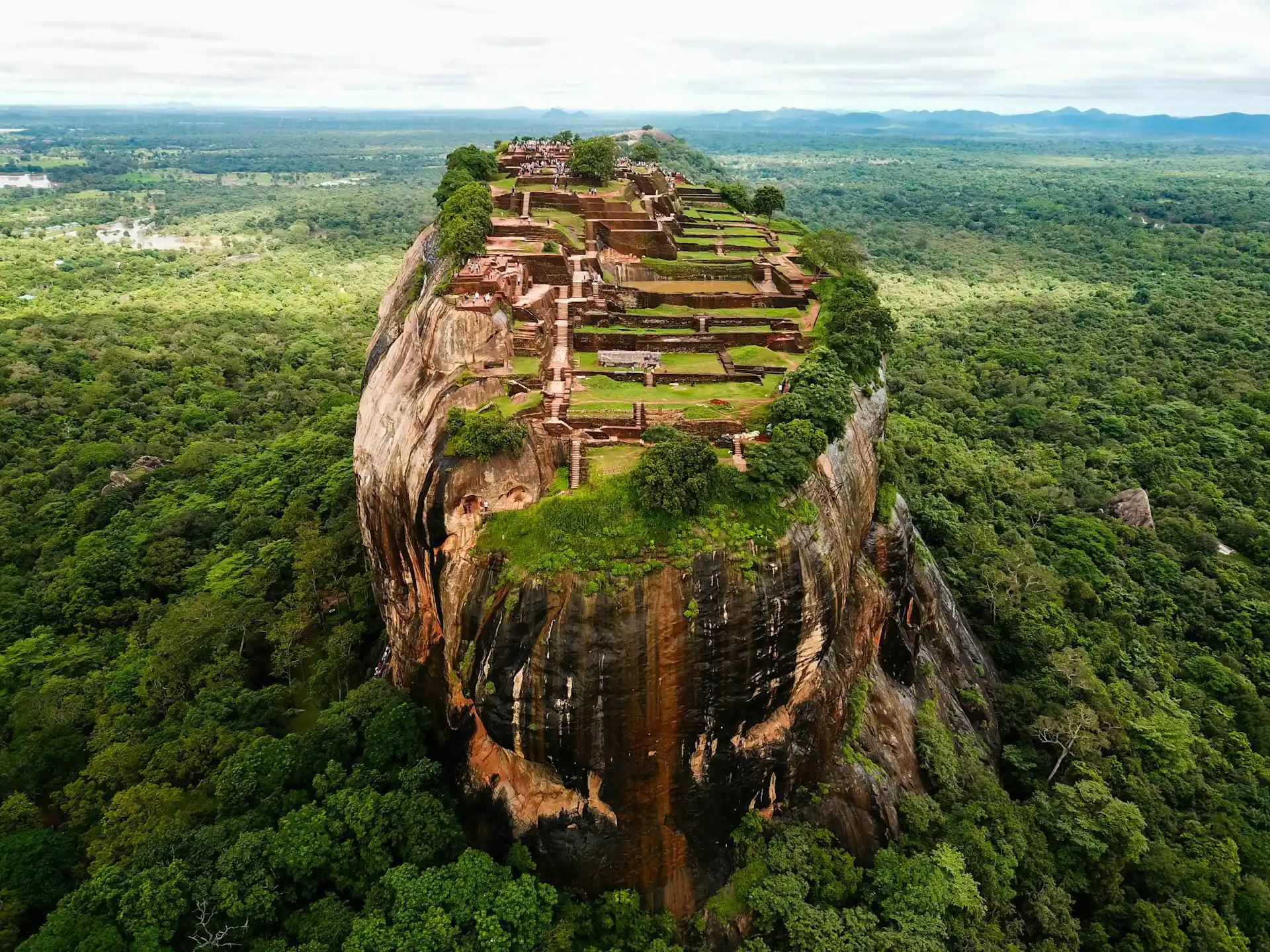Aerial view of Sigiriya Rock Fortress at sunrise with surrounding forests. Photo by Dylan Shaw
