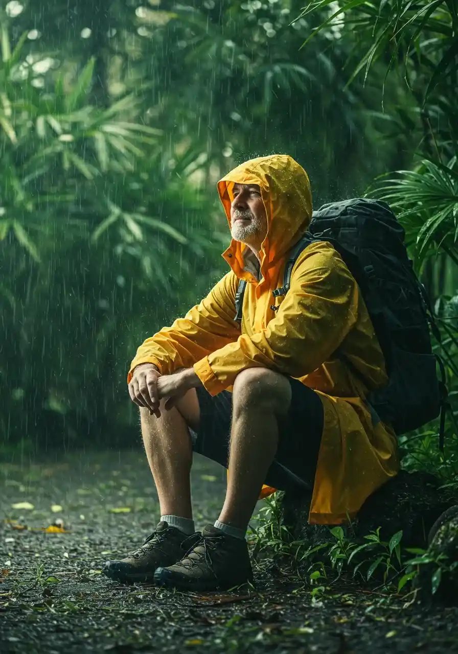 Image of monsoon rain and a properly protected traveler