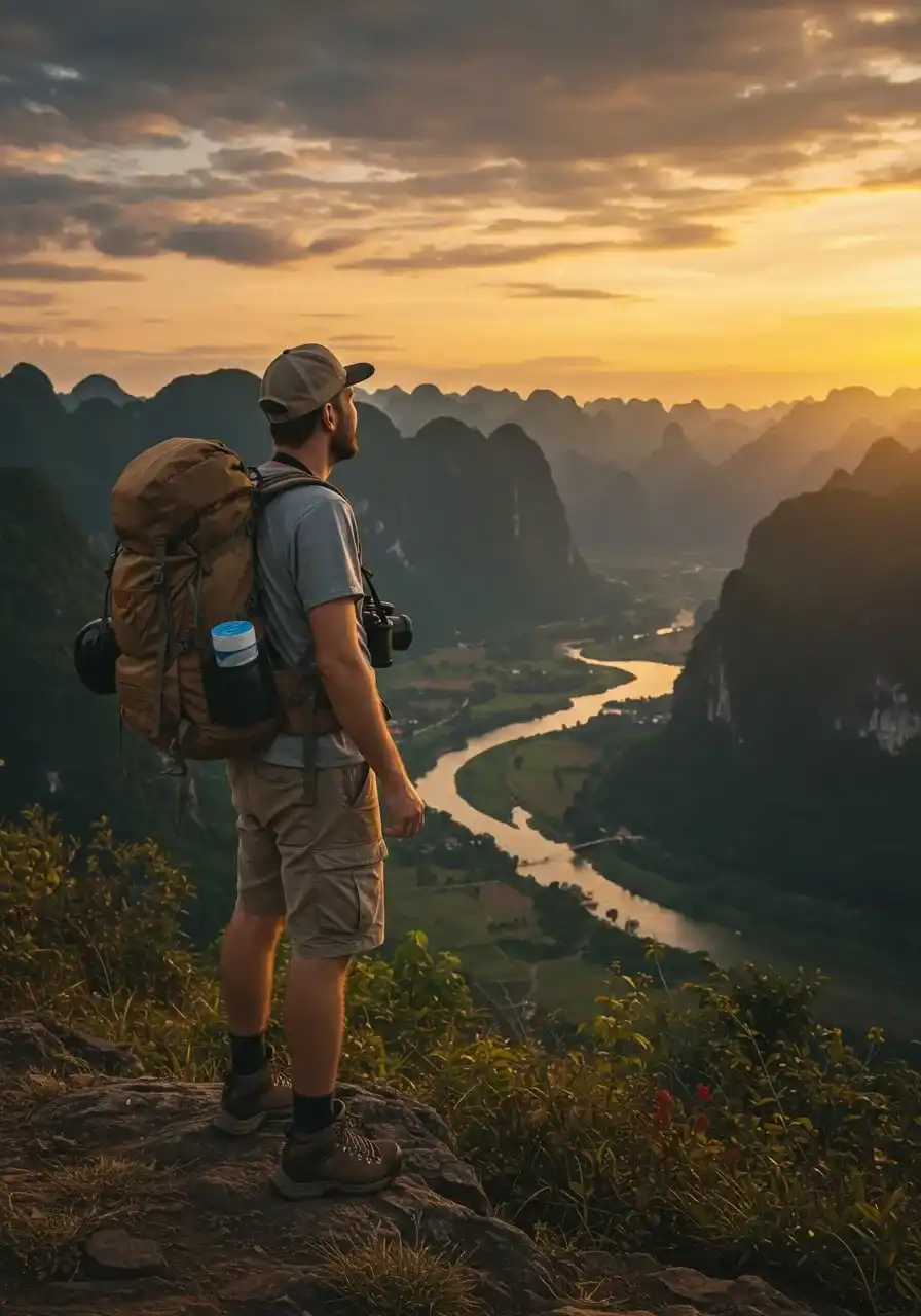 image of well-equipped traveler enjoying sunset over Southeast Asian landscape