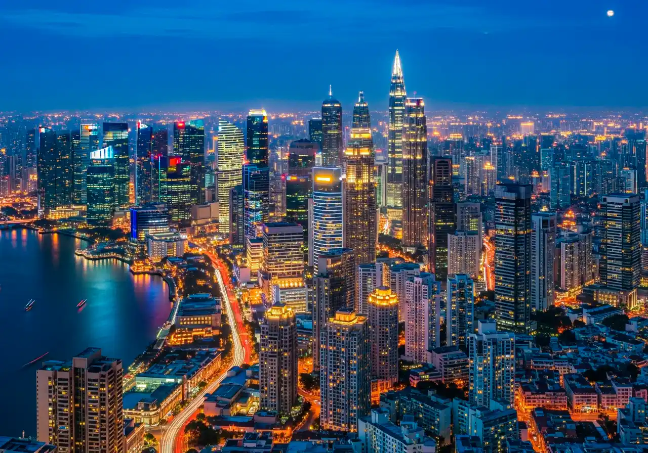 image of Asian city skyline montage showing Tokyo, Bangkok, Singapore, and Hong Kong at different times of day