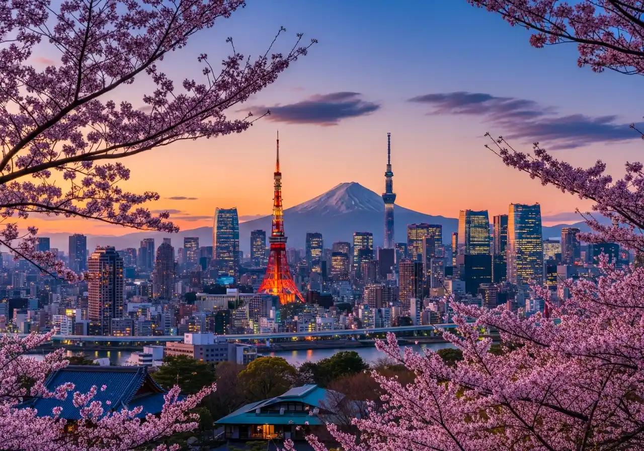 Image of Tokyo skyline with Mount Fuji in the background during cherry blossom season