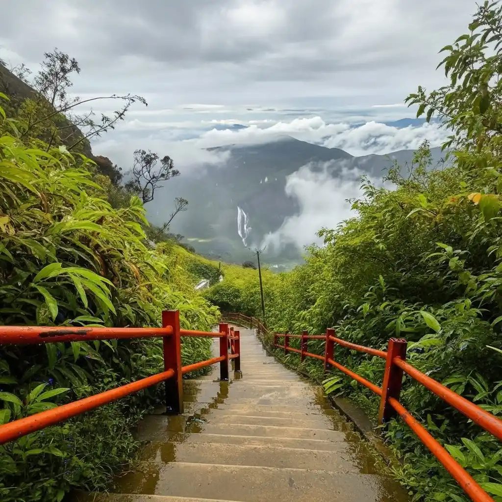 View looking down the steep steps of the Adam's Peak trail, with red railings, lush jungle, and a waterfall visible in the misty valley below.