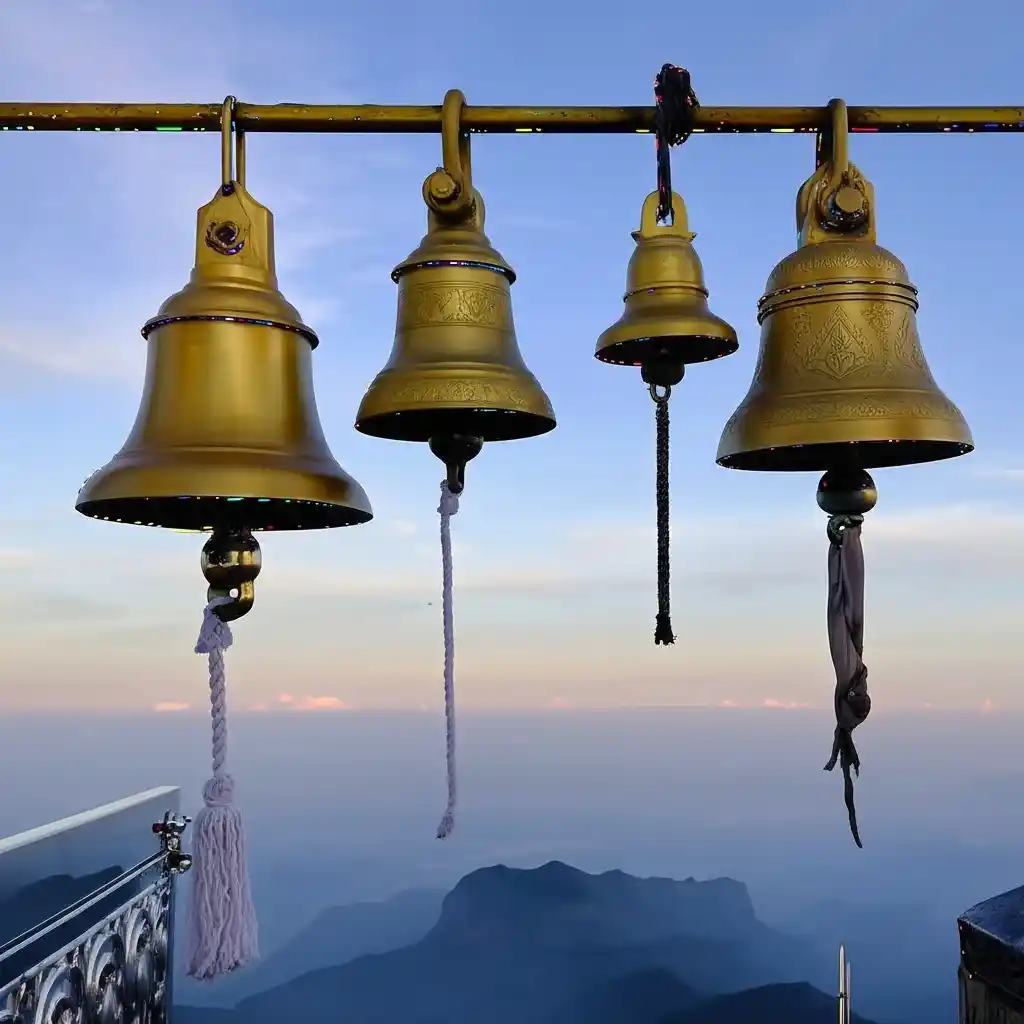 Four golden temple bells hang on a rail at the summit of Sri Pada (Adam's Peak), with a serene mountain vista stretching into the misty distance under a clear sky.