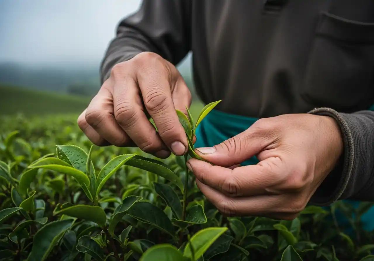 Image of Close-up of tea plucker's hands selecting 
