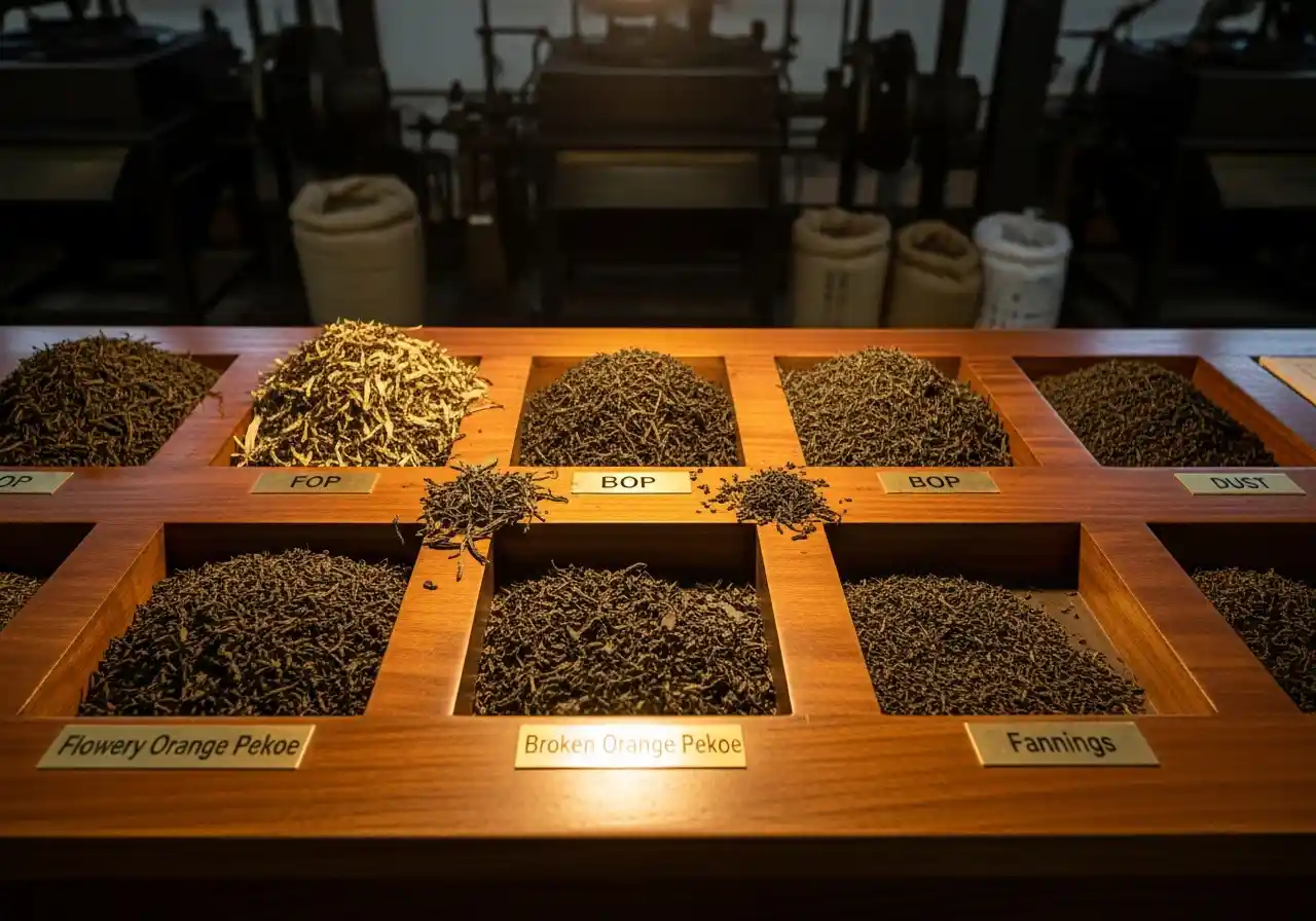 Image of Tea grading table showing different sizes and qualities