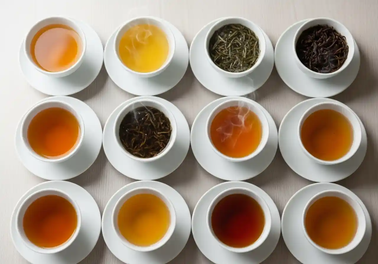 Image of Array of different tea types displayed in tasting cups with color variations visible