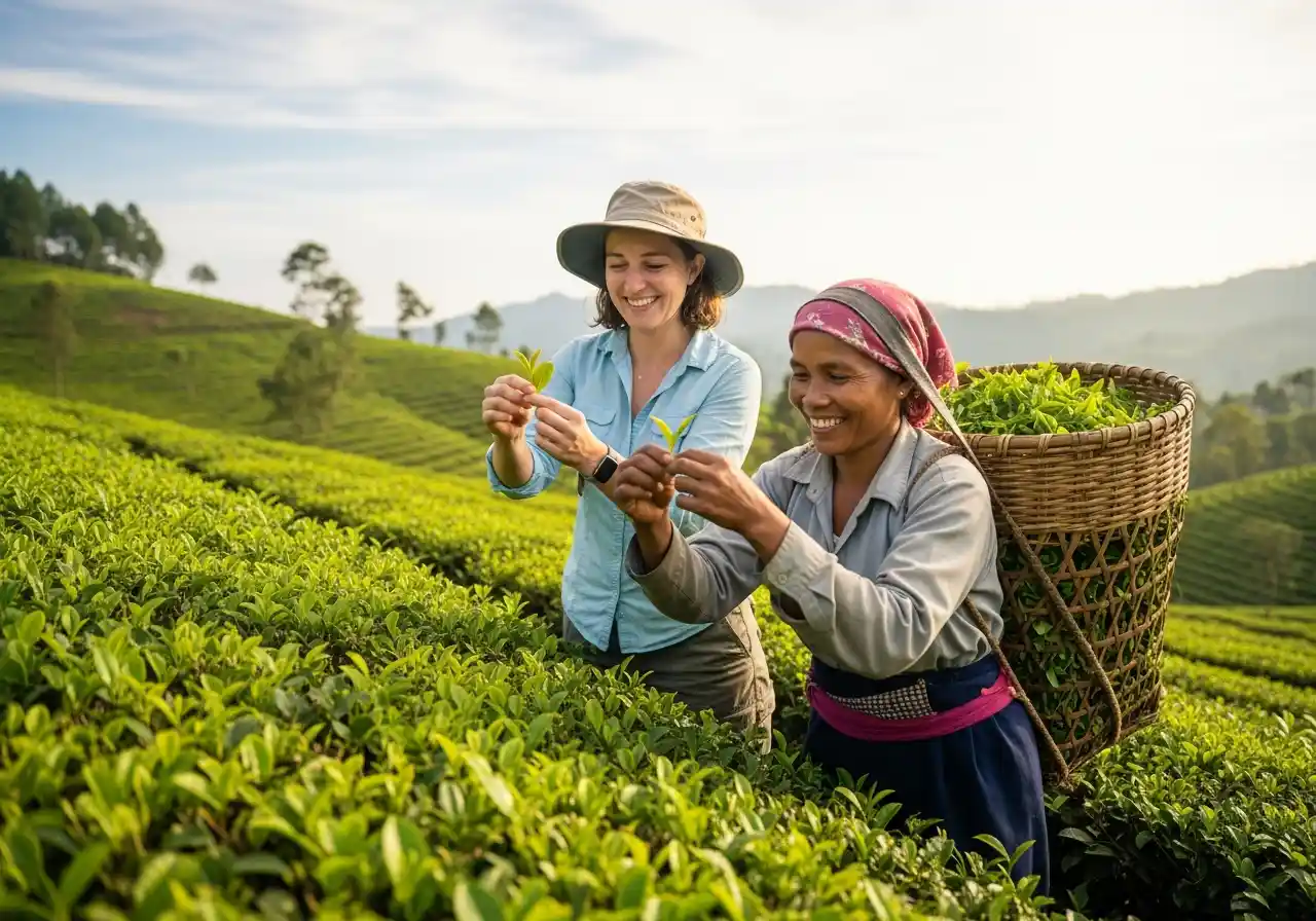 Image of Tourist attempting tea plucking alongside experienced worker