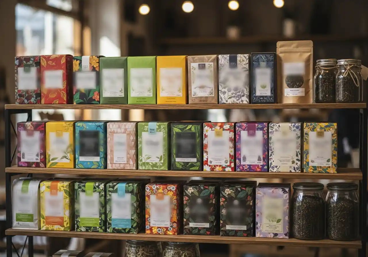 Image of Display of packaged Ceylon tea varieties 