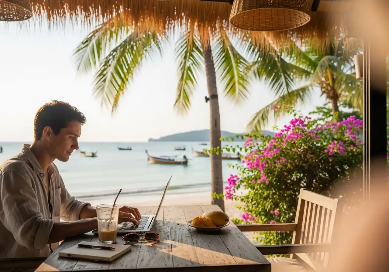 Image of digital nomad working from beach café in Thailand. ultra realistic