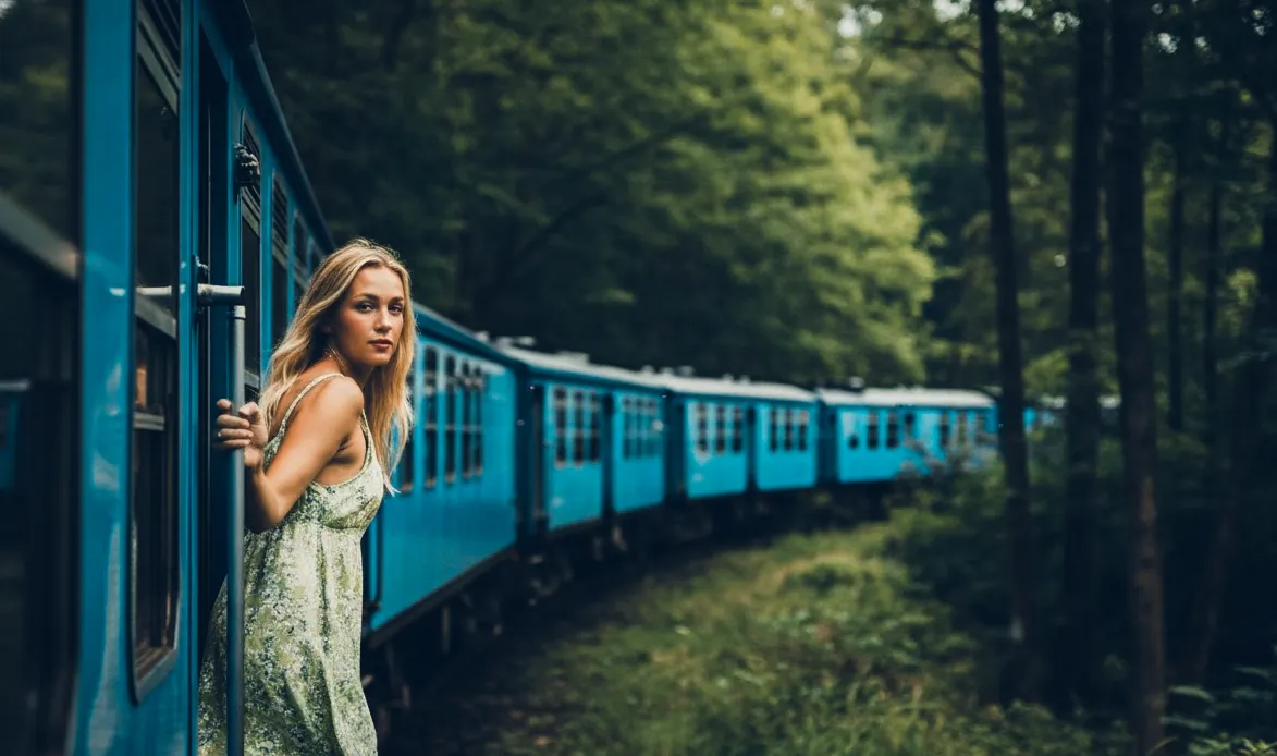 Image of a female traveler on a train