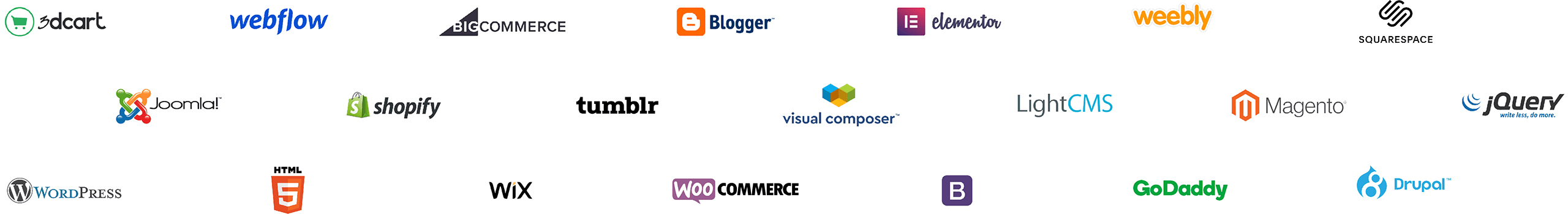 Wordpress, react, elementor, blogger, shopify, js