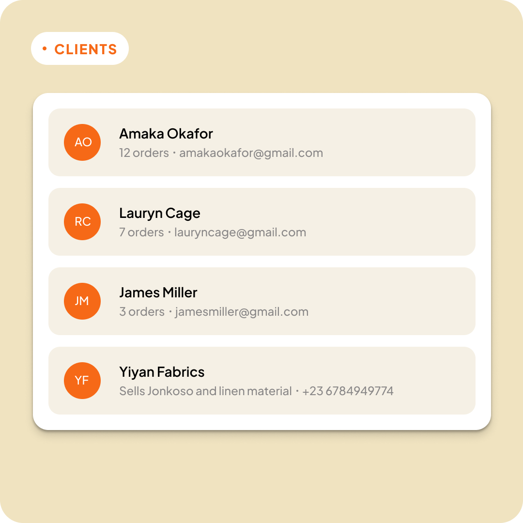 Seampal client profiles with order history