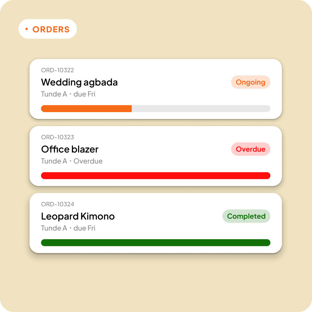 Seampal orders dashboard with statuses and due dates