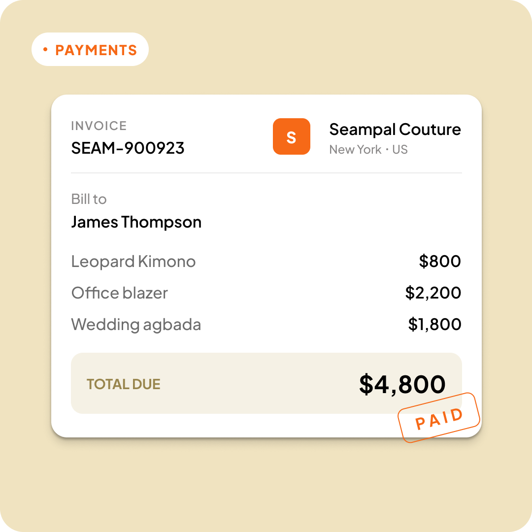 Seampal payments and invoicing screen