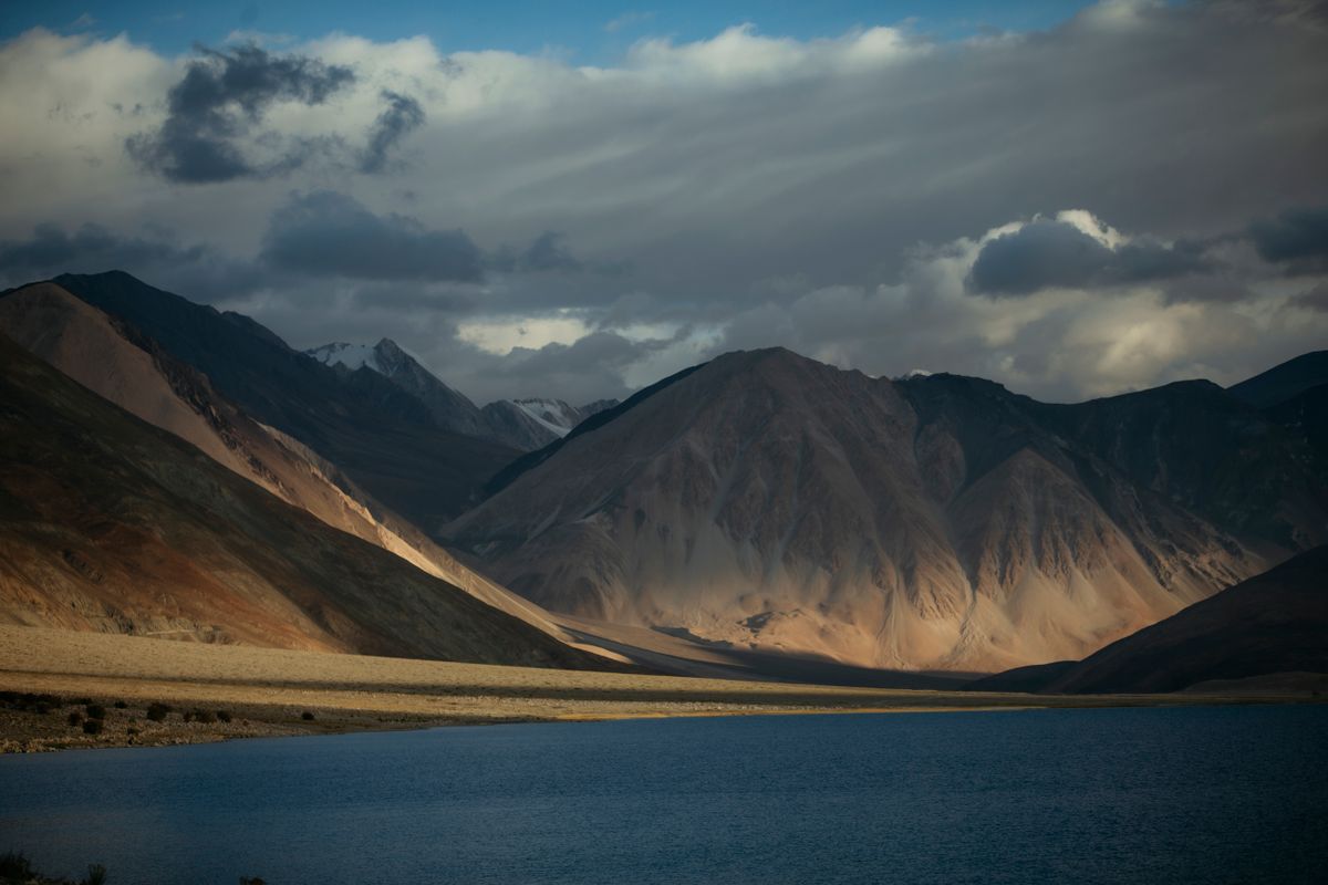 Pangong Lake in Ladakh under dramatic clouds