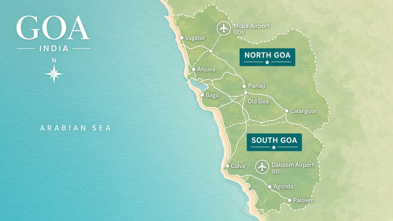 Map of Goa showing North Goa, South Goa, Panaji, Old Goa and both airports