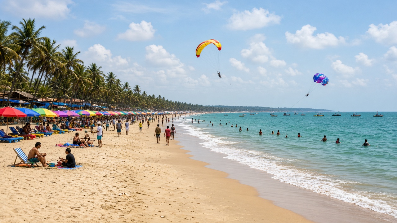 Busy North Goa beach with water sports and umbrellas
