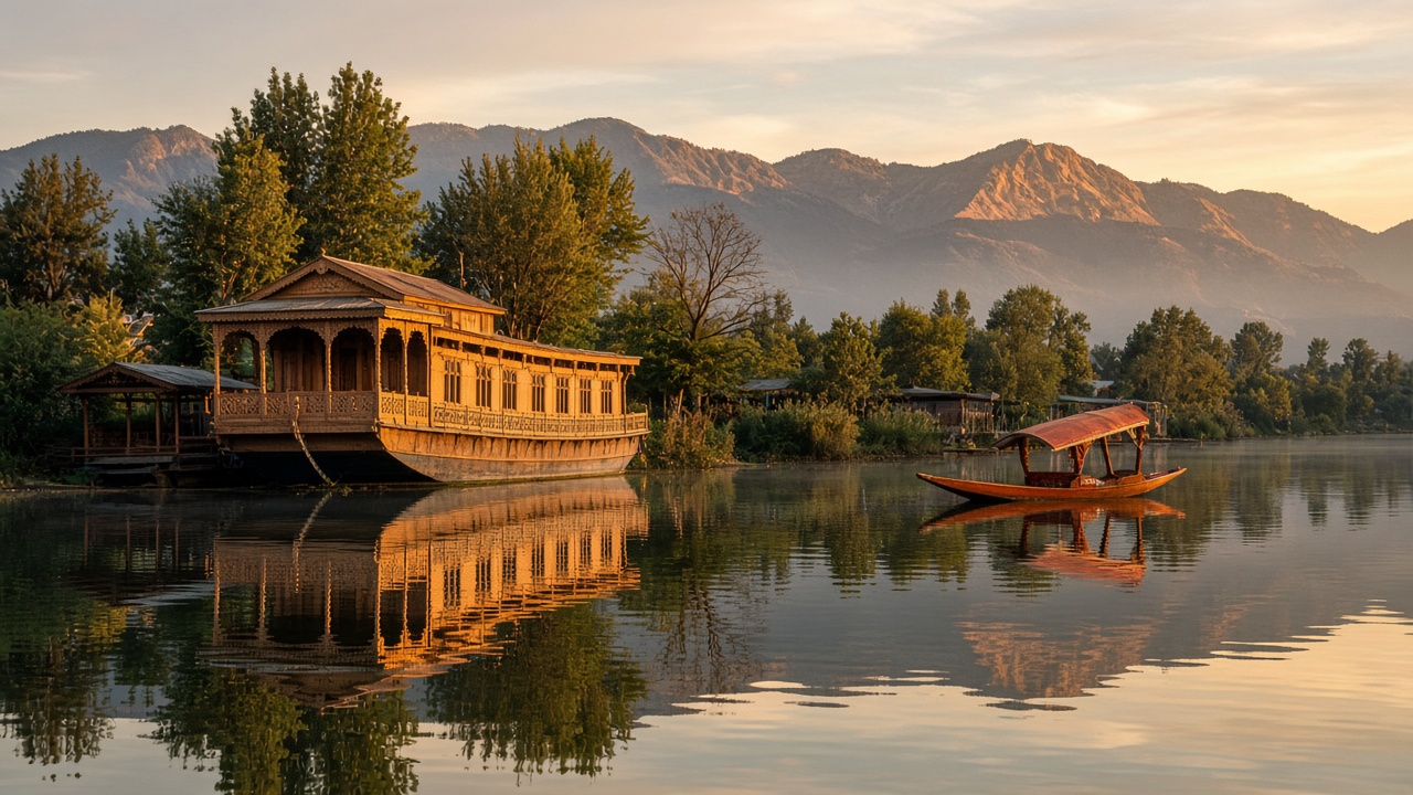Traditional wooden houseboat on Dal Lake, Srinagar, Kashmir