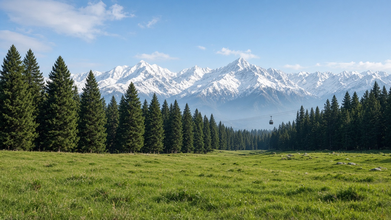 Gulmarg meadows with pine trees and Himalayan peaks in Kashmir
