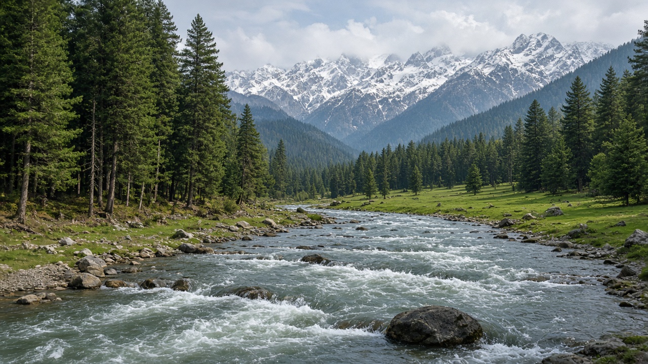 Pahalgam valley with Lidder river, pines and mountain peaks