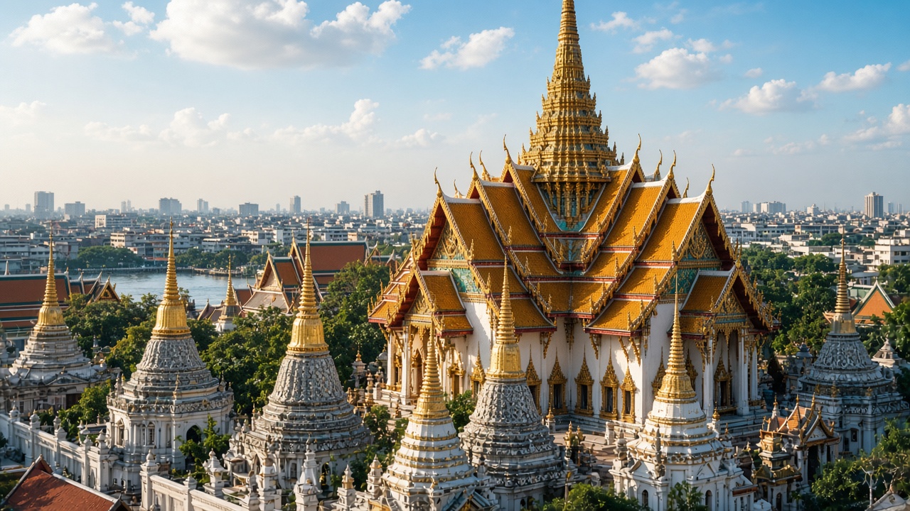 Thailand temple and beach travel scene