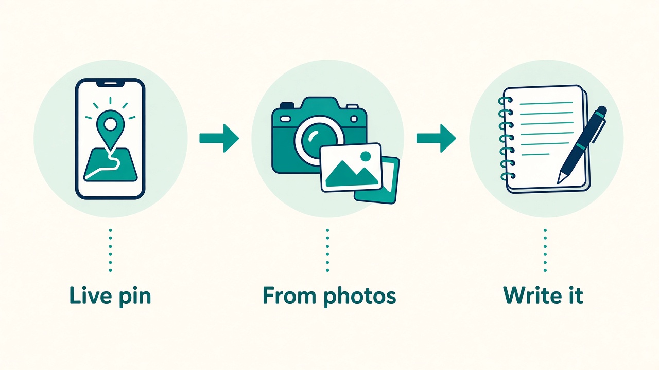 Flow map of three ways to log a trip on Jyurniq: Live pin, From photos, Write it