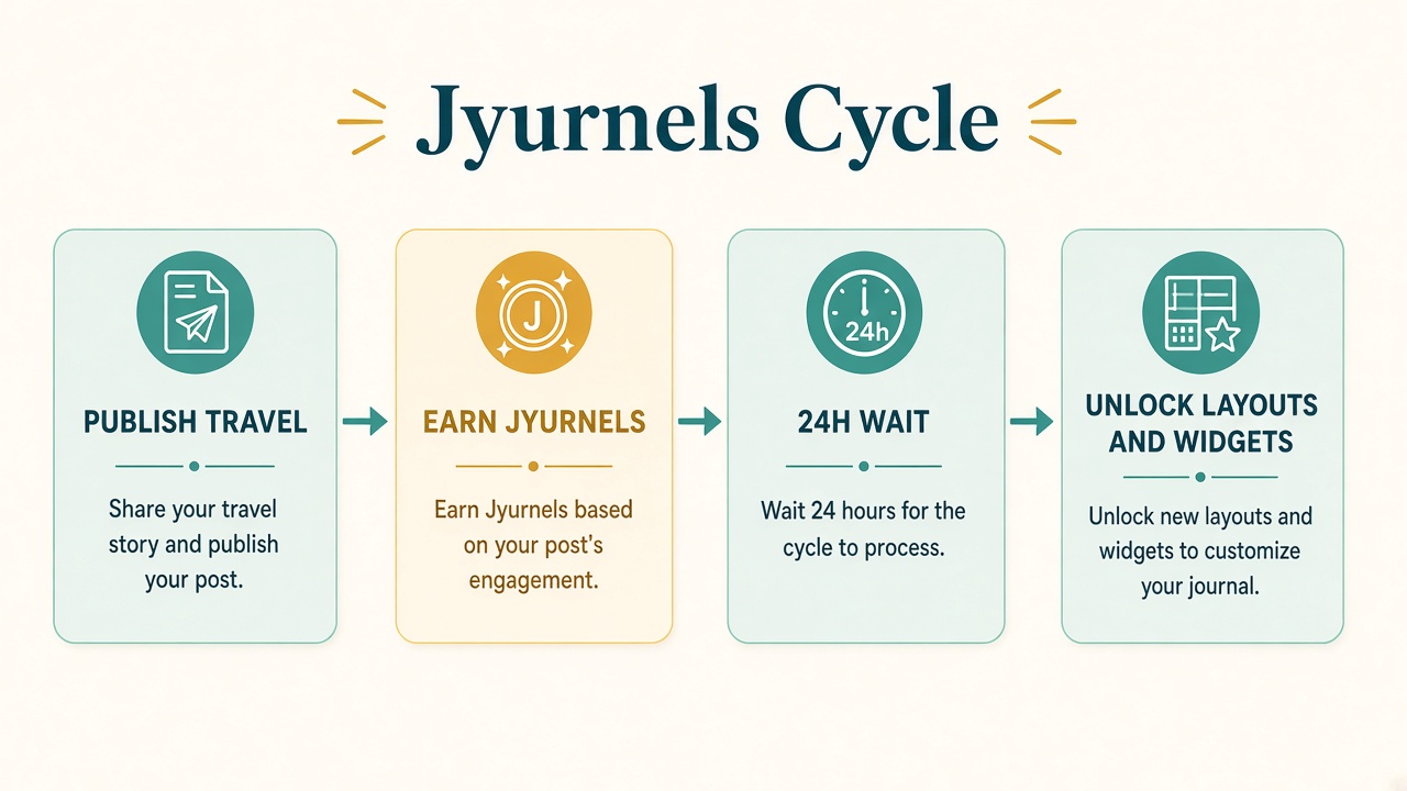 Flowchart of how Jyurnels work: publish, earn, wait 24 hours, unlock