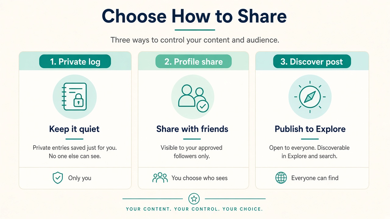 Diagram of private log, profile share, and Discover post privacy levels on Jyurniq