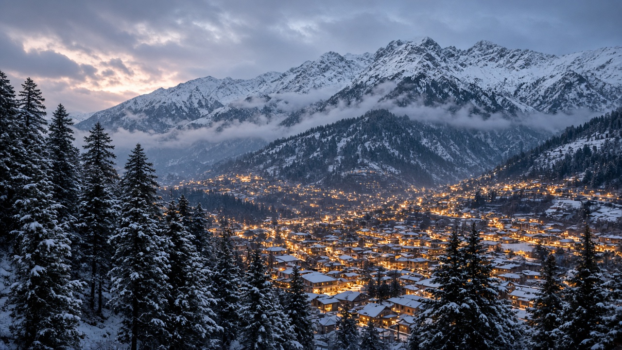 Snowy Manali winter evening for Christmas holidays