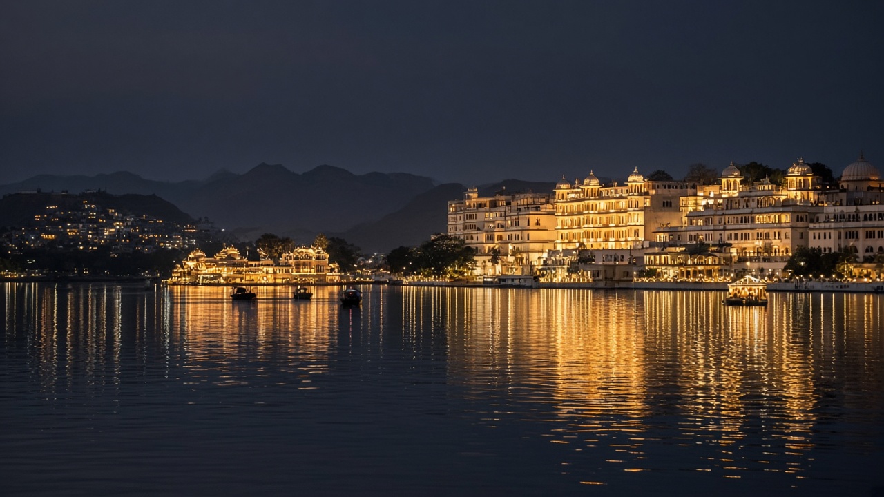 Udaipur Lake Pichola illuminated for a festive winter evening