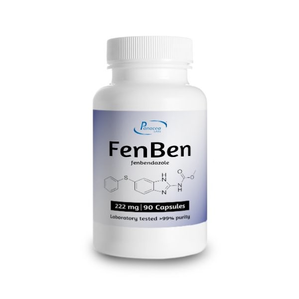 Bottle of 90 Fenbendazole 222mg capsules by Panacea Labs, used for antiparasitic support and researched for potential anti-cancer benefits