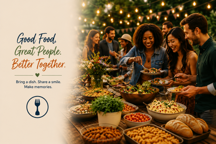 People around a table laughing over food. Good Food, Great People, Better Together