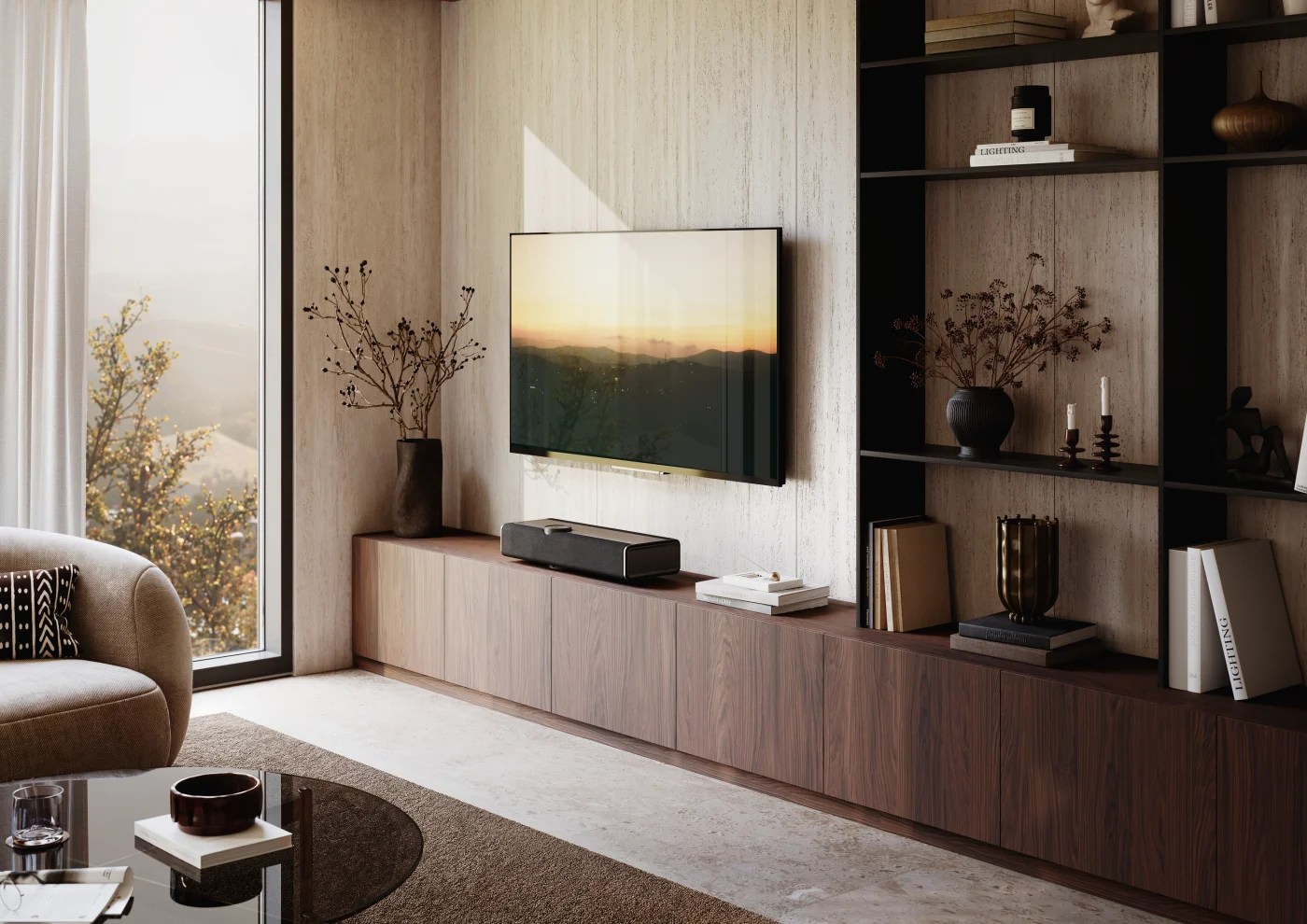 DALI DALI VEGA in Dark Oak op een dressoir in de woonkamer