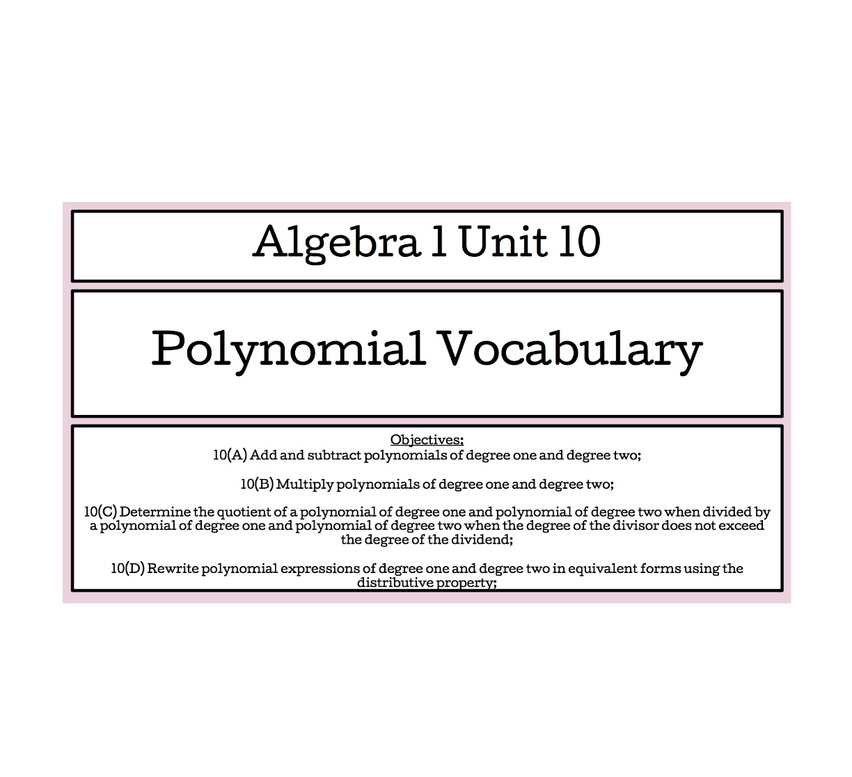 Algebra 1 Unit 10 Polynomial Vocabulary Algebra 1 Unit 10 Polynomial Vocabulary