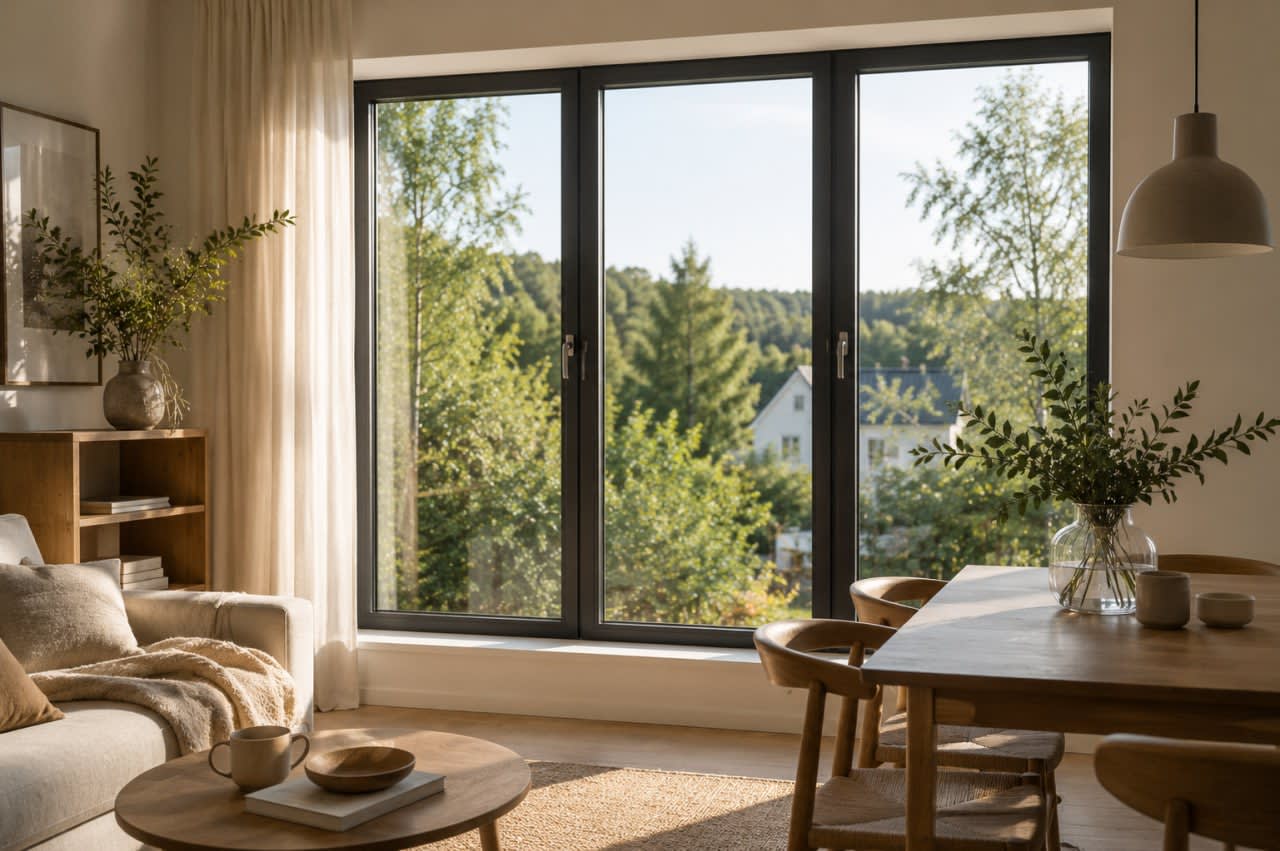 Bright modern living room interior with installed PVC windows