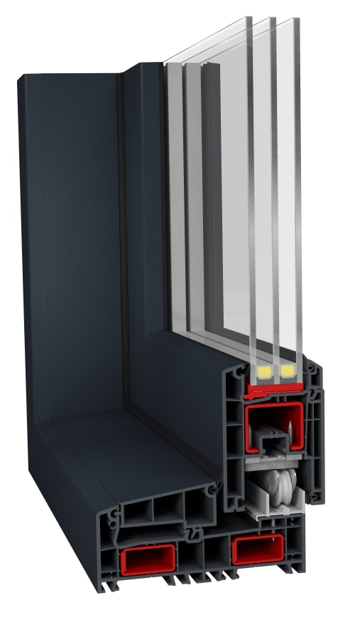 Vue en coupe technique du profilé de cadre de la porte coulissante SMART-SLIDE avec noyau anthracite