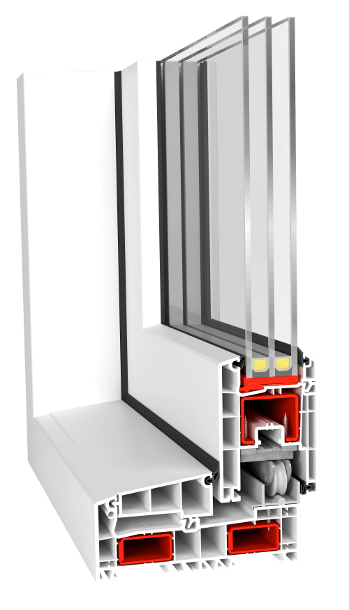 Vue en coupe technique globale du vantail et du vitrage de la porte coulissante SMART-SLIDE