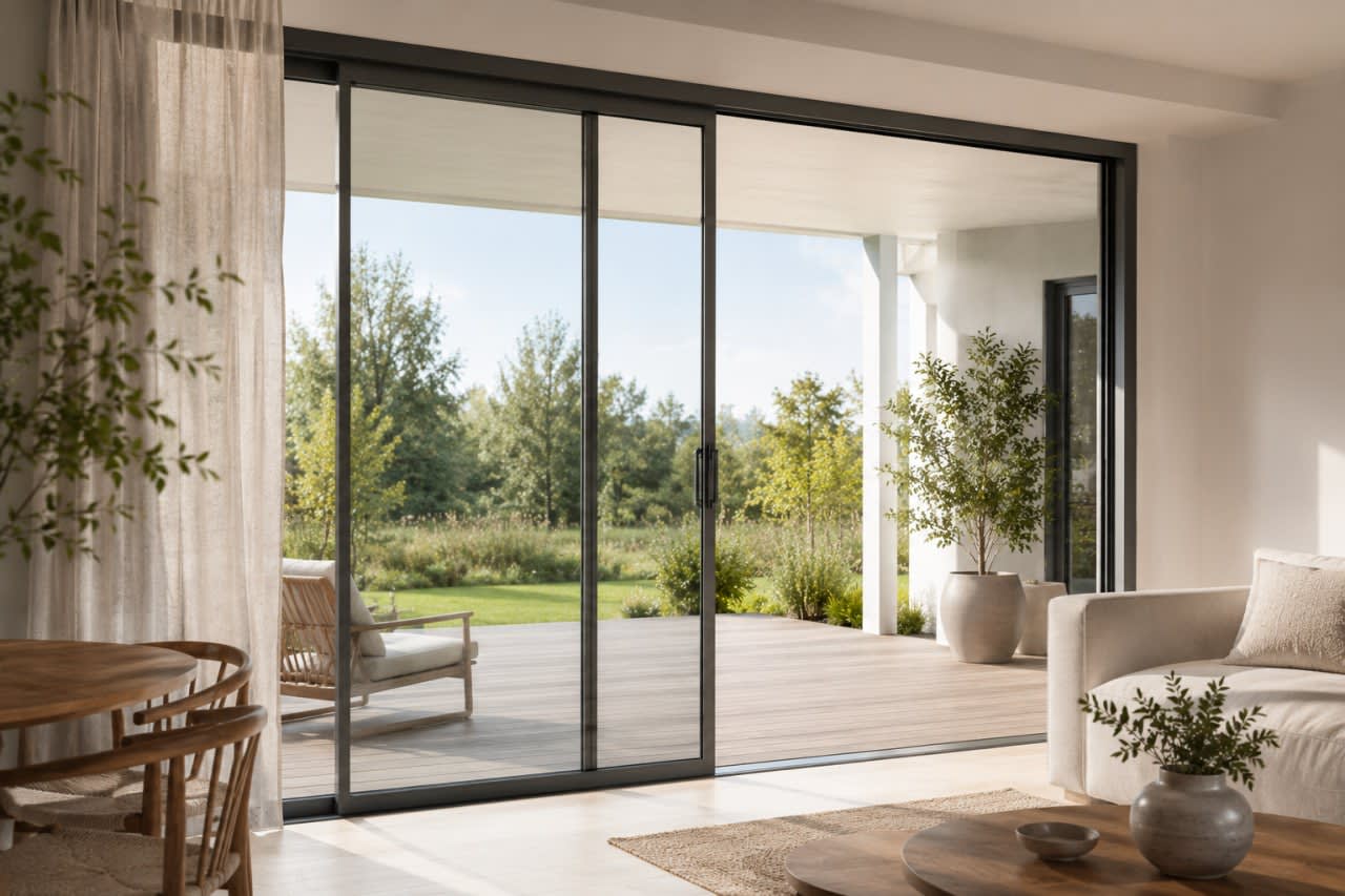 Intérieur de salon moderne et lumineux avec une baie vitrée coulissante SMART-SLIDE installée