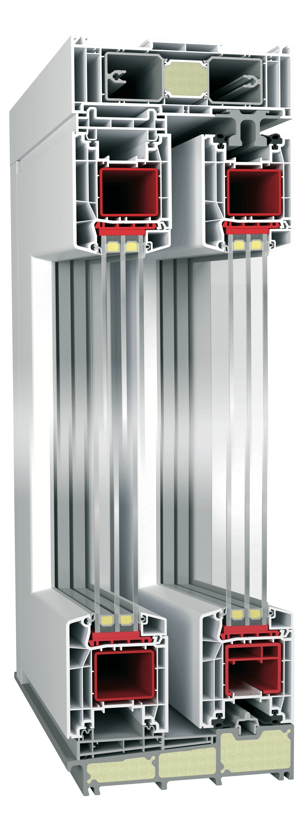 Vue en coupe technique du profilé PVC de la porte coulissante à levage HST 85 mm avec triple vitrage