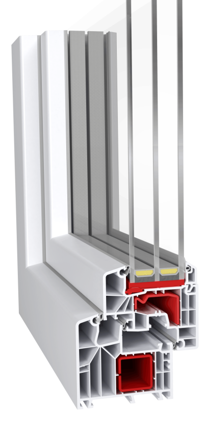 Cross-section view of white PVC window profile with triple glazing