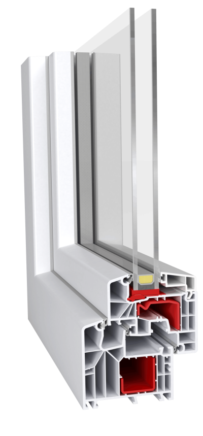 Cross-section view of white PVC window profile with double glazing