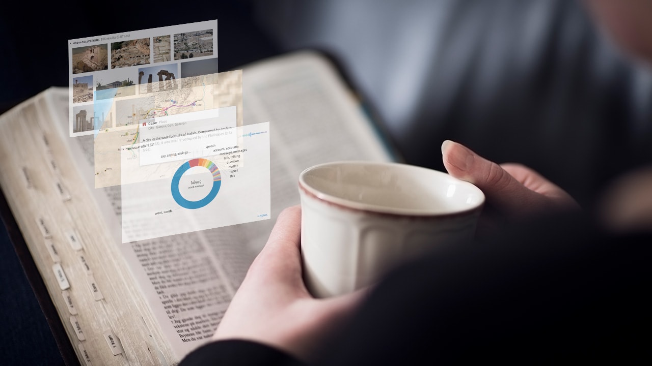 This is an image of an open Bible and a cup of coffee