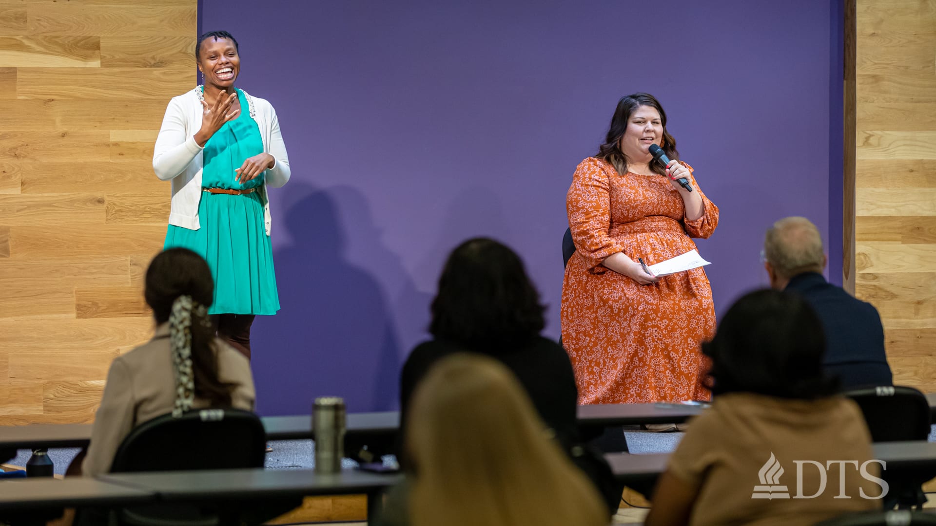 Moderator Liz Rodriguez and ASL translator Ayoker Adjei in chapel at DTS