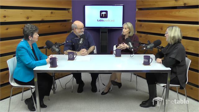 Dr. Bock, Dr. Edwards, Dr. Glahn, and a woman recording The Table podcast