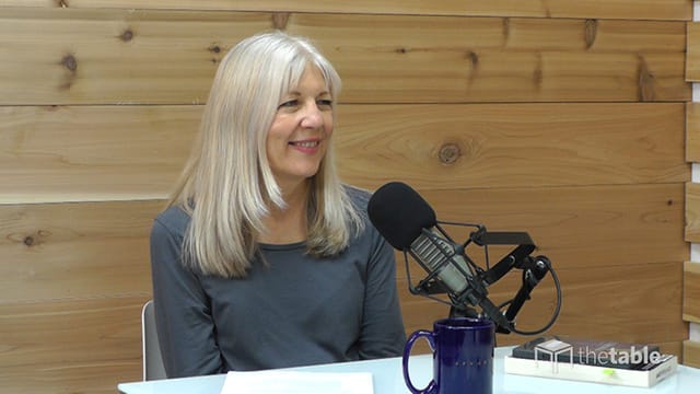 Linda Tomczak recording The Table podcast