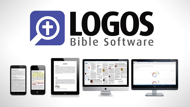 Graphic logo for Logos Bible software with different electronic devices